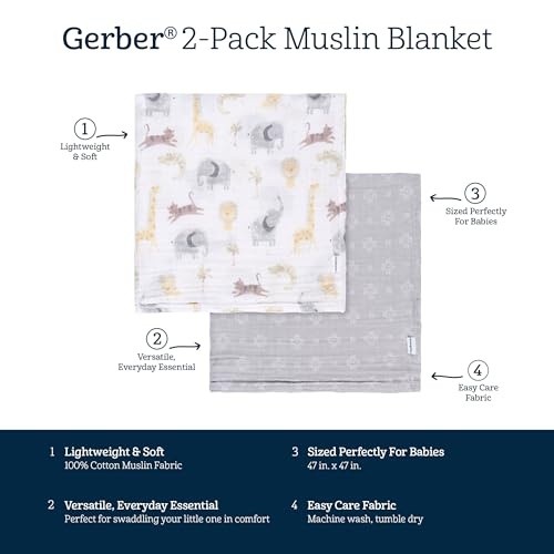 Gerber Baby Unisex 2-Pack Muslin Blanket, Animals + Geos Neutral, One Size