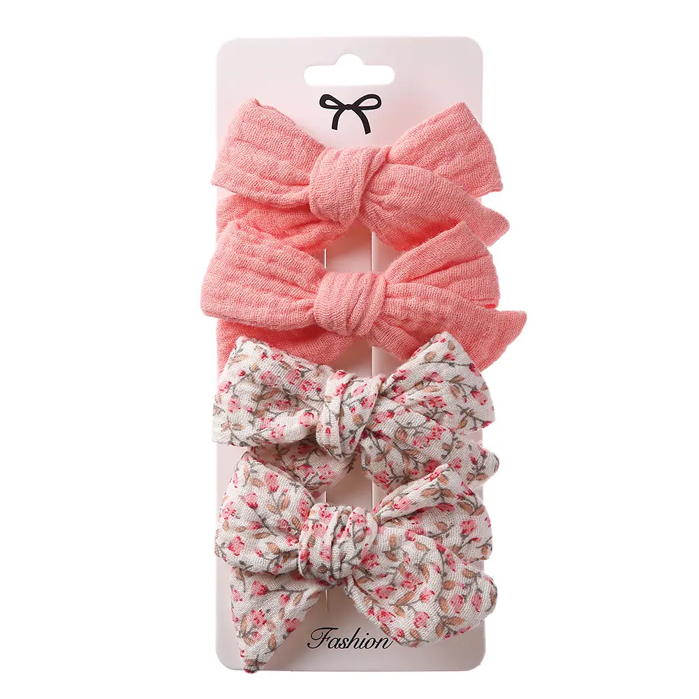 Hair Clip Muslin Cotton 4PK - Rose/ White Flower 