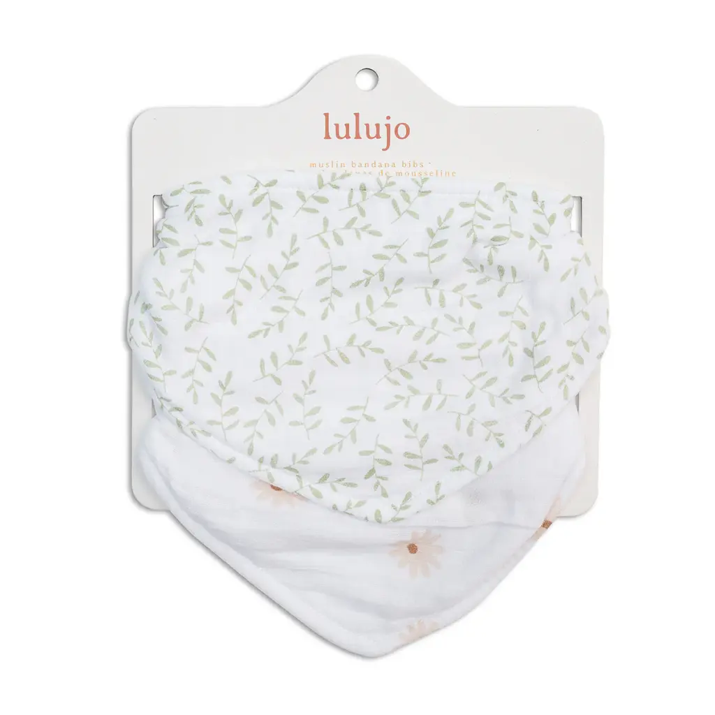 Lulujo Bandana Bibs 2pk-Muslin Daisy + Greenery