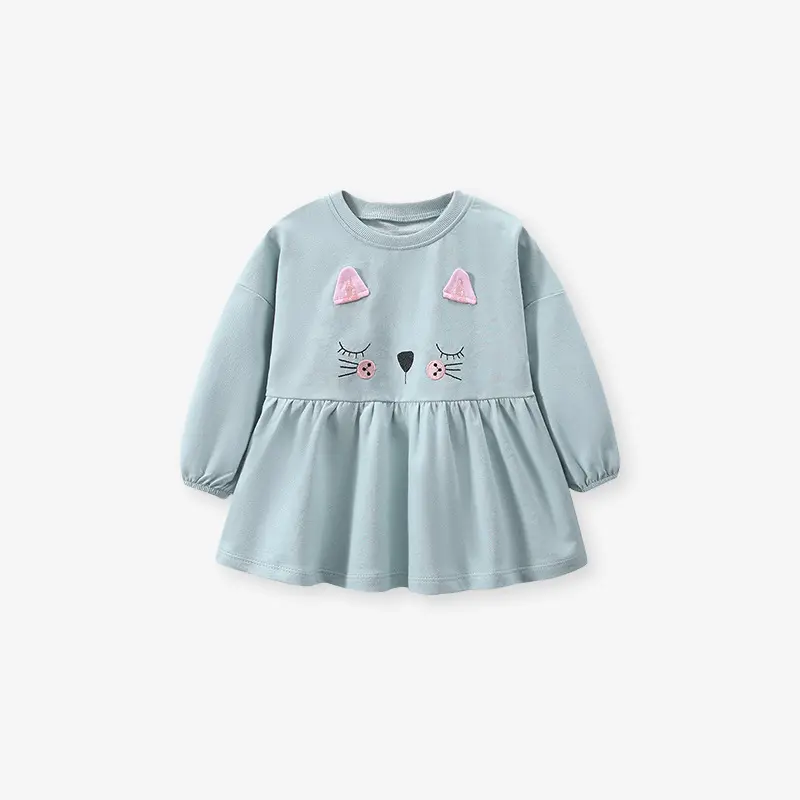  Little Maven Girl Longsleeve Dress Grey Blue Cat