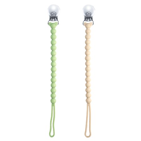 RaZbaby RaZzies Silicone Pacifier Holder (2-Pack) Universal & Lightweight for Most Pacifiers & Teethers| Green/Tan