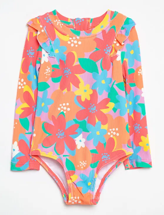 Mandarine & Co Swimsuit Girl W/ Ruffle & Back Zip UV50 Rib Beach Lavendar Floral