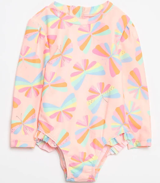 Mandarine & Co Swimsuit Girl 1 Piece Rashguard W/Frill UV50 Jersey Lt Coral Butterfly