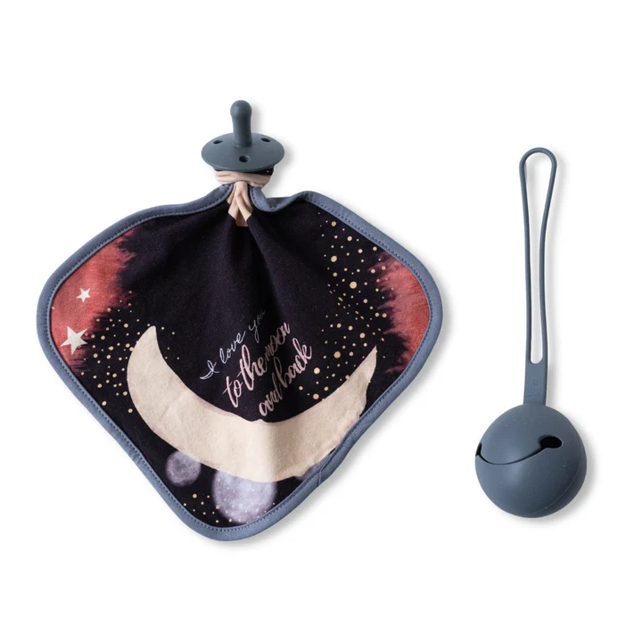 Earth Baby Outfitters Tencel Deluxe Lovey + Silicone Pacifier and Holder Set - To the Moon and Back
