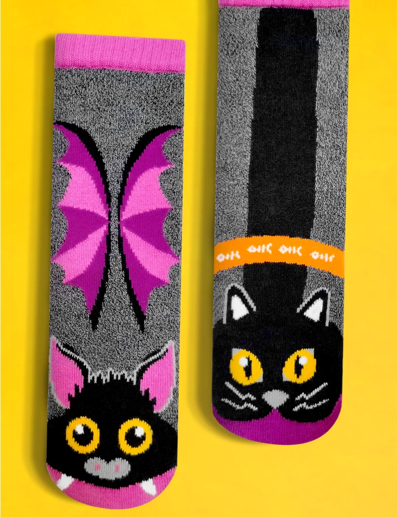Pals Socks Fun Mismatched Non-Slip Bat & Black Cat