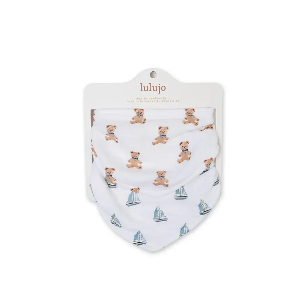 Lulujo  Bandana Bibs 2pk-Muslin Vintage Bear + Sailboats 