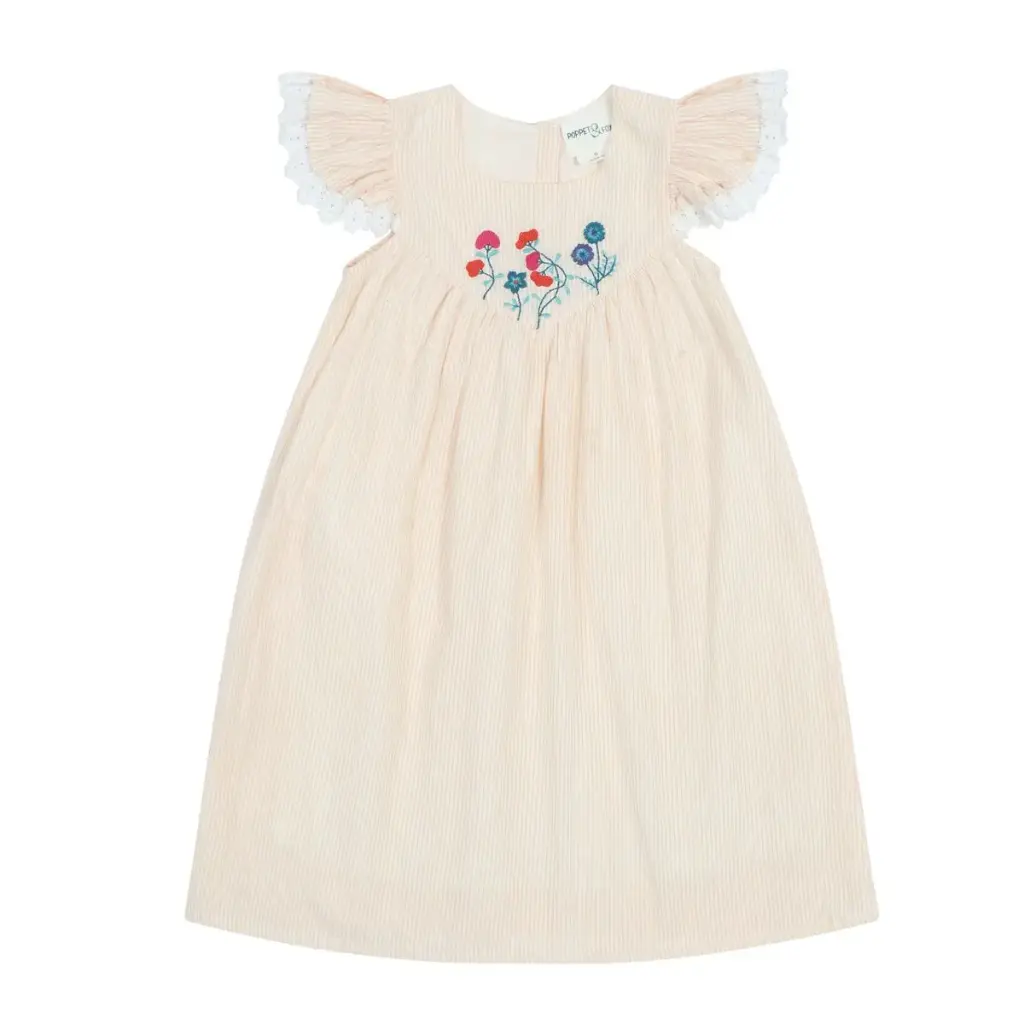 Poppet & Fox Flutter Sleeve Dress With Floral Embroidered Bib PF633D