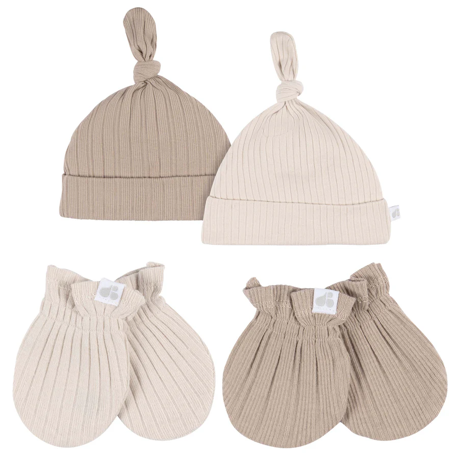 Just Born by Gerber Baby Neutral 4-Piece Hat and Mittens Tan