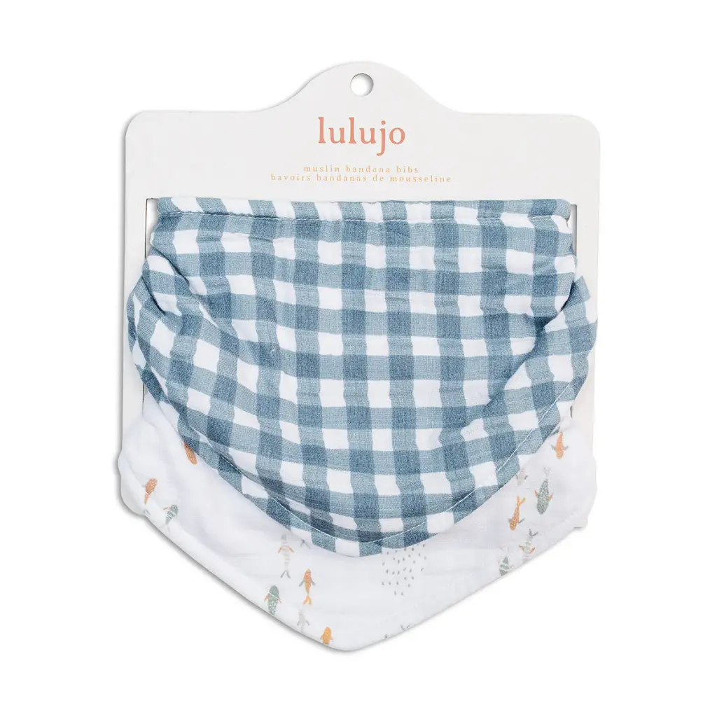 Lulujo Bandana Bibs 2pk-Muslin Fish + Navy Gingham