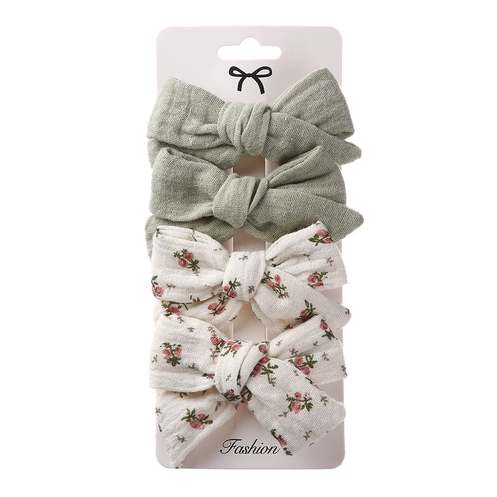 Hair Clip Muslin Cotton 4PK - Green/White