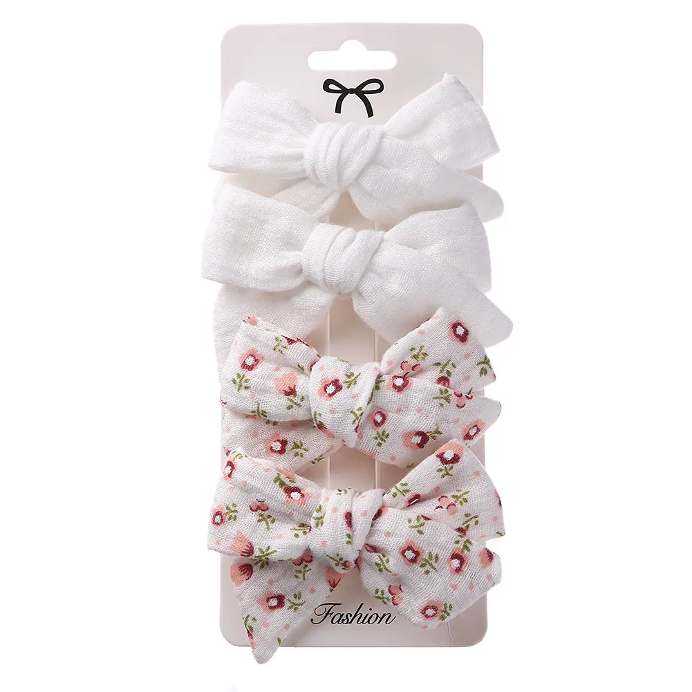 Hair Clip Muslin Cotton 4PK - White/White Flower