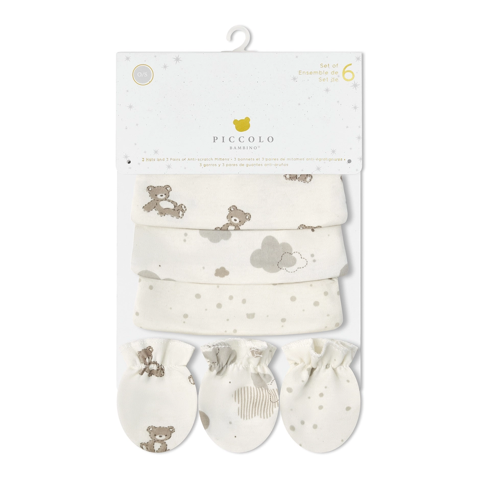 Piccolo-3PK Hat & 3 Anti-Scratch Mittens Set - White