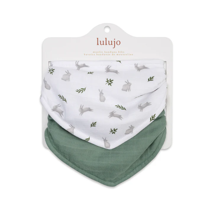 Lulujo Bandana Bibs 2pk-Muslin Bunny + Fern