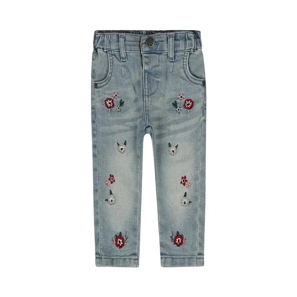 Dirkje Girls' Jeans Loose Fit Blue Embroidered Flowers