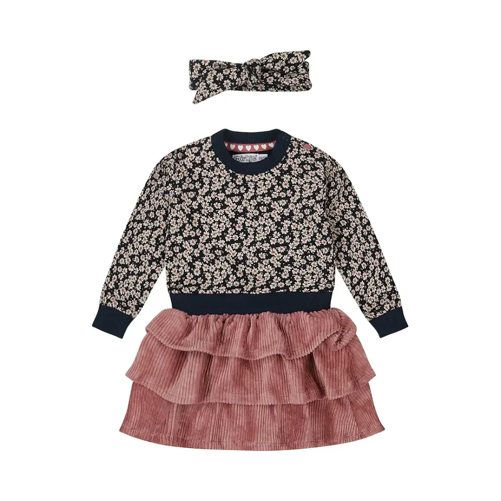 Dirkje Girls' Dress Set And Hairband Navy Old Pink Rib