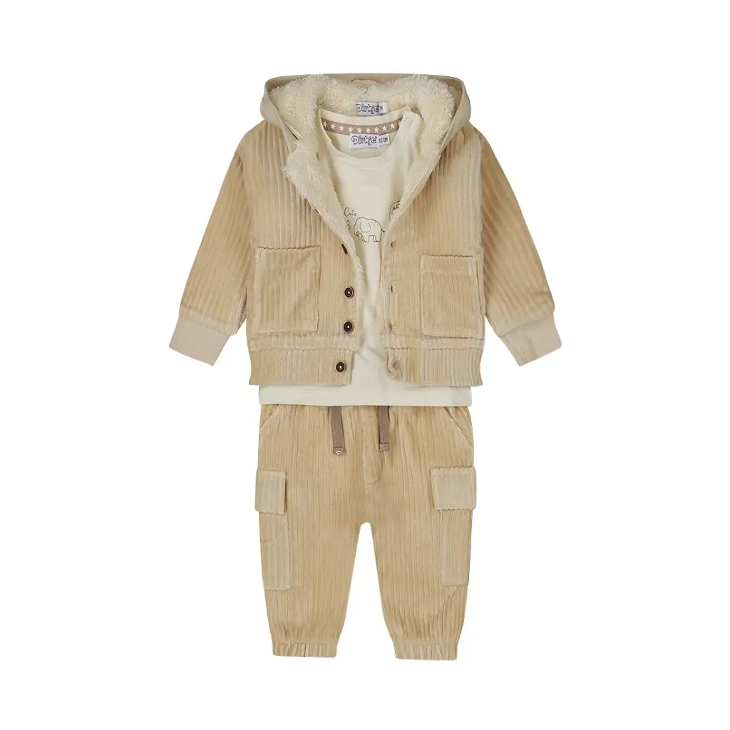 Dirkje Boys' Baby Set Shirt Cardigan Trousers Beige Velour 6550