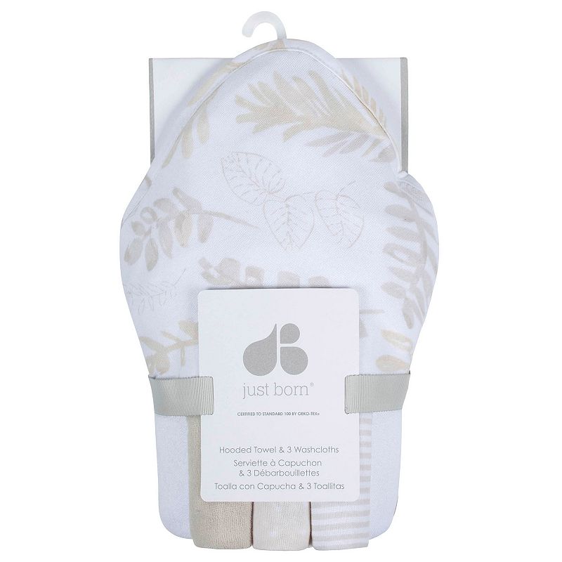 Just Born ® 4-Piece Hooded Towel and Washcloths - Natural Leaves
