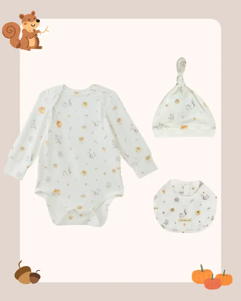 Blara Organic House Long Sleeve Bodysuit Bundle - Squirrel Print (Pack of 3, Bodysuit + Hat + Mitts) 1-3M