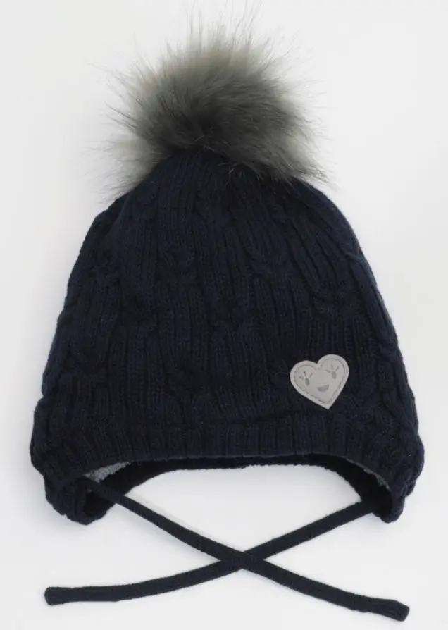 Calikids Knit Faux Fur Pompom Teddy Lined Hat - Navy (9-24M)