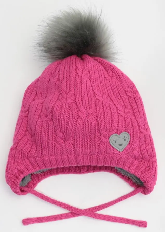 Calikids Knit Faux Fur Pompom Teddy Lined Hat - Cabaret