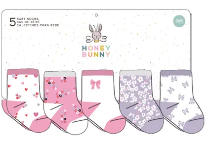 Honey Bunny Piccolo - 5 Pairs Socks - Pink 0-12M 