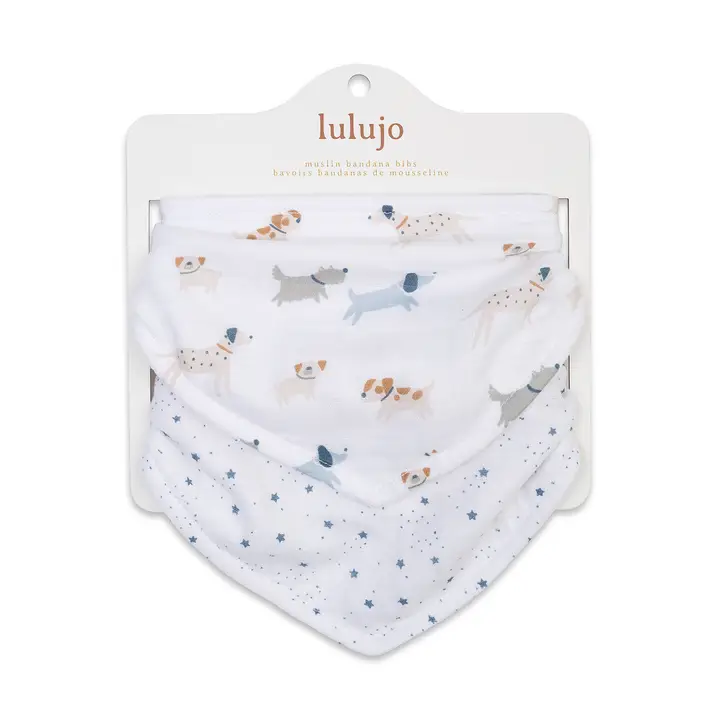 Lulujo Bandana Bibs 2pk-Muslin Puppy Dog + Stars