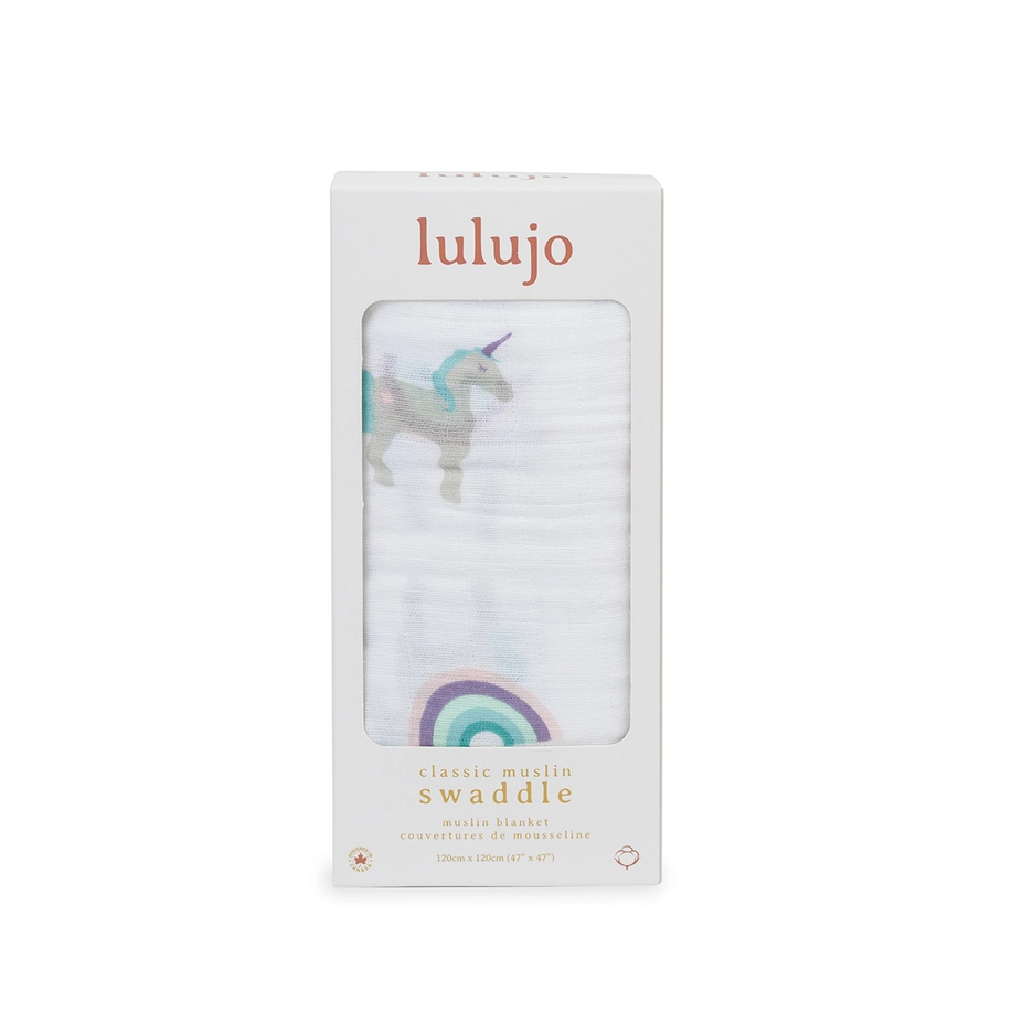 Lulujo Baby Cotton Muslin Swaddle Blanket (47x47") - Rainbows & Unicorns 