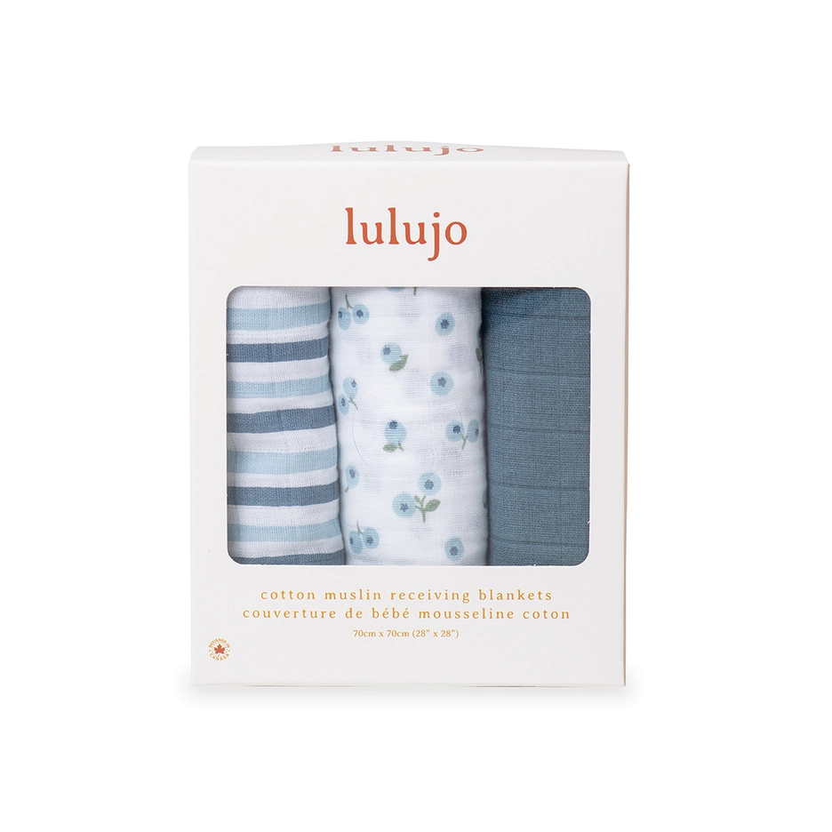Lulujo Baby 3 Pack Muslin Receiving Blankets – Blueberries