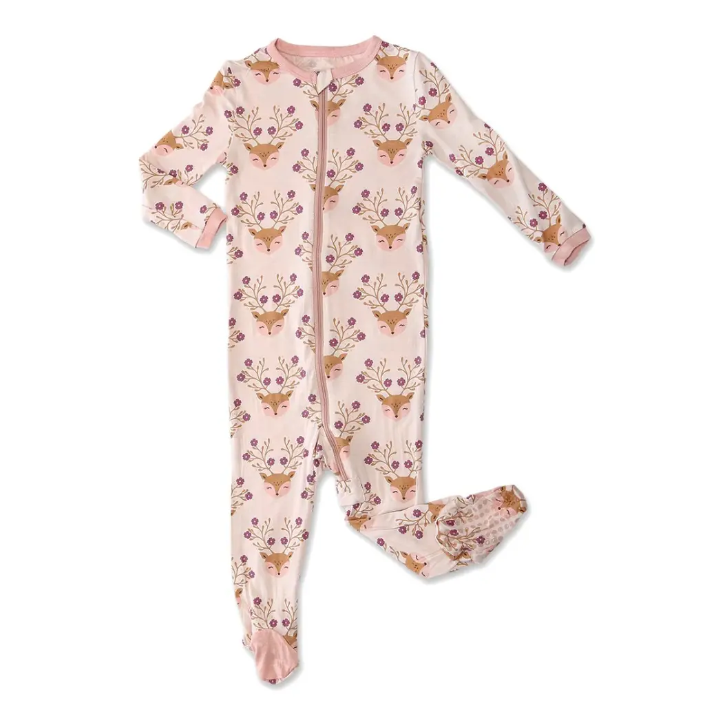 Silkberry Baby Bamboo Zip-up Footed Sleeper WF4308 (Blooming Deer Print) (NB)
