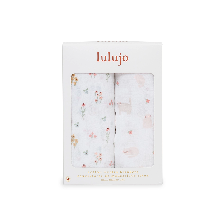 Lulujo Baby 2-Pack Cotton Swaddle Blankets – Kitty Cat/ Flower Field