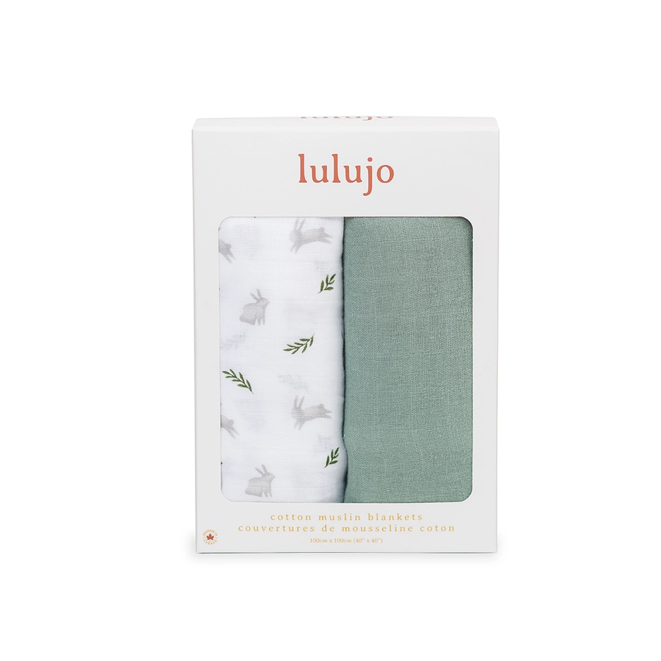 Lulujo Baby 2-Pack Cotton Swaddle Blankets – Bunnies/Fern