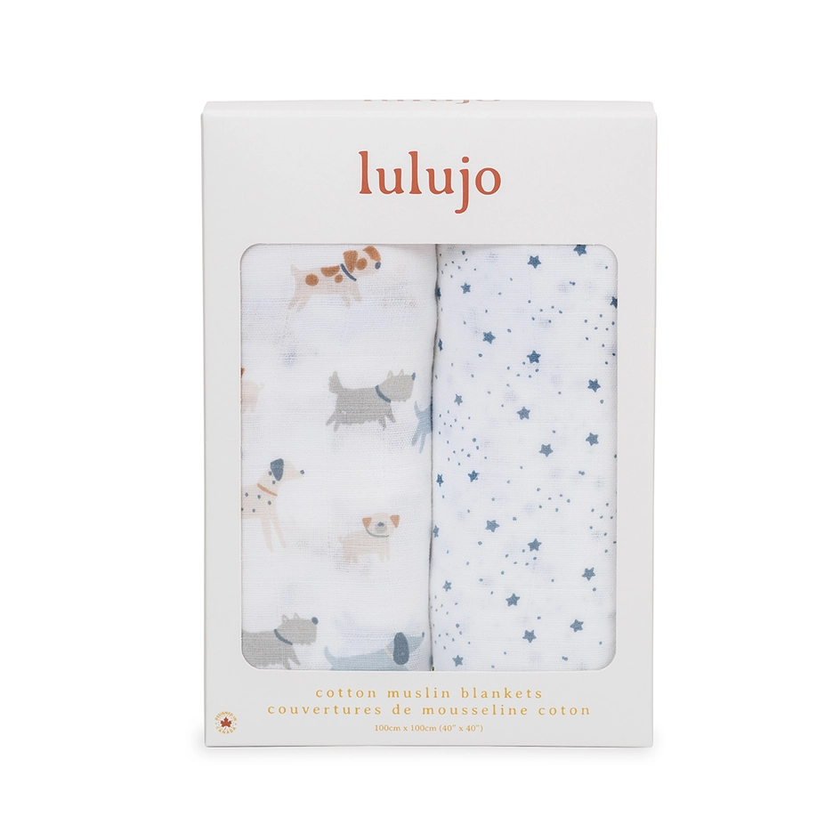 Lulujo Baby 2-Pack Cotton Swaddle Blankets – Puppy Dog & Stars