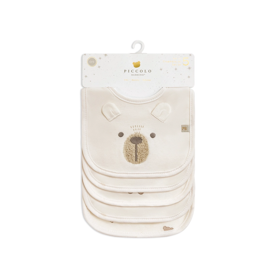 Piccolo 5 Milk Bib 3 Embroidered & 2 All Over Printed - Cream