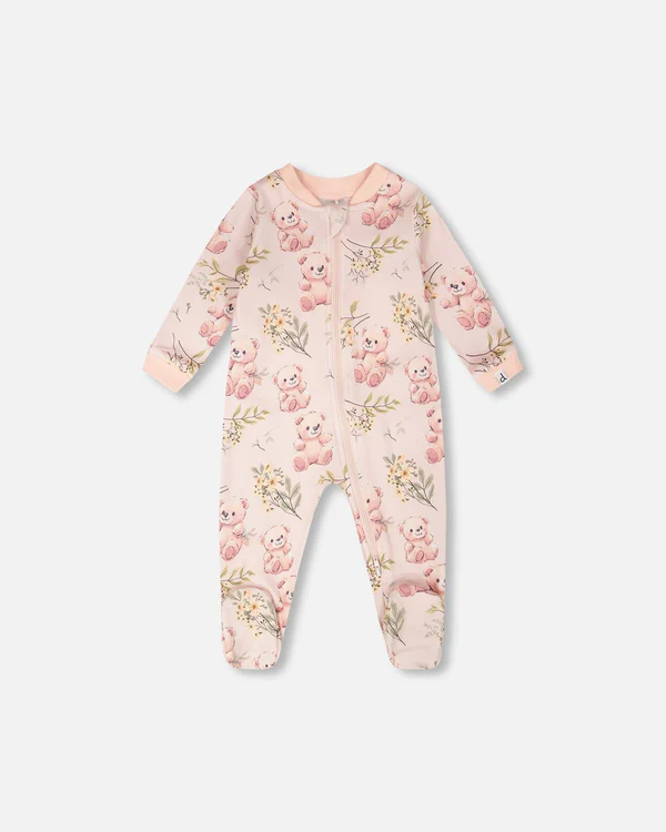 Deux Par Deux Organic Cotton Baby One-Piece Pyjama - Pale Pink Bear (3M)
