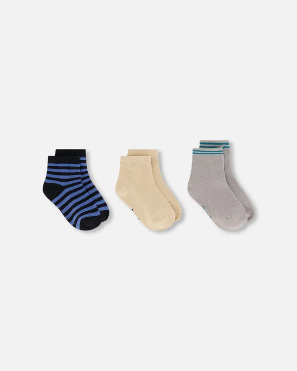Deux Par Deux Socks (3 Pairs) - Striped Blue And Black (3/4Y)