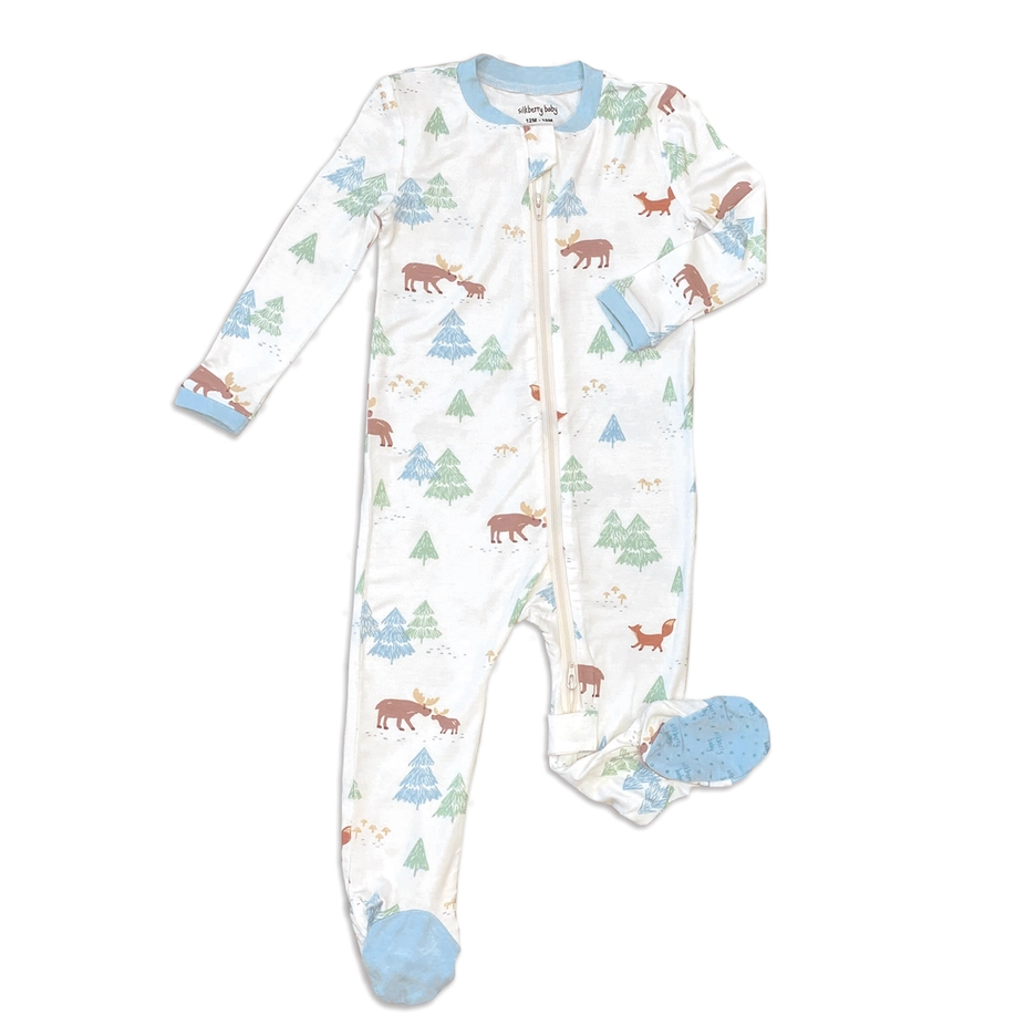 Silkberry Baby Bamboo Footies with Two Way Zipper - Moose Woods Print (0-3M)