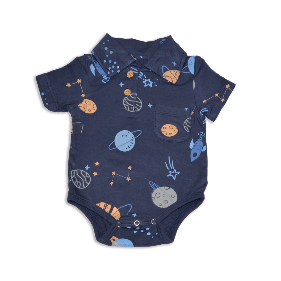 Silkberry BabyBamboo Short Sleeve Polo Onesie - Lost in Space Print (0-3M)