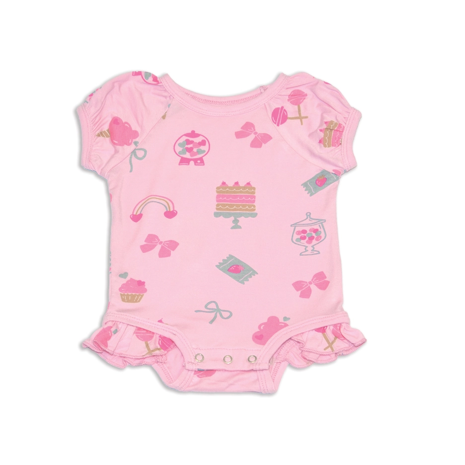 Silkberry Baby  Bamboo Short Sleeve Ruffle Onesie - Sweet Shop Print (0-3M)