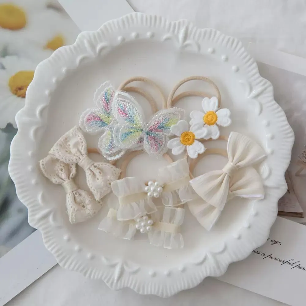 In Pink Hair Ties Handmade 5Pairs - Cream Butterfly