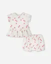 Deux Par Deux Cotton Rib Jersey Top And Short Set - White Printed Strawberries