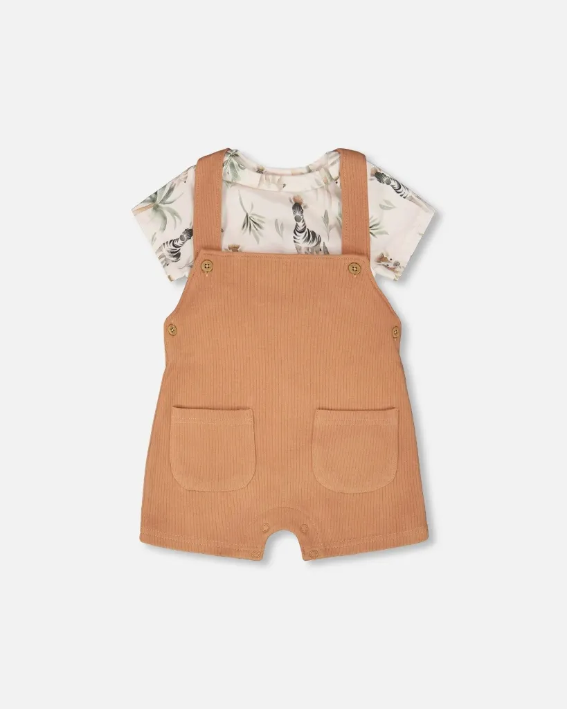 Deux Par Deux Organic Cotton Jersey Onesie And Cotton Rib Shortall Set - Beige Zebra Print And Caramel (3M)