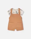 Deux Par Deux Organic Cotton Jersey Onesie And Cotton Rib Shortall Set - Beige Zebra Print And Caramel