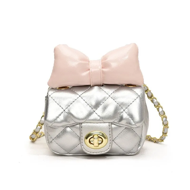 Crossbody Purse With Pink Bow 3315 - Silver Dark Pink