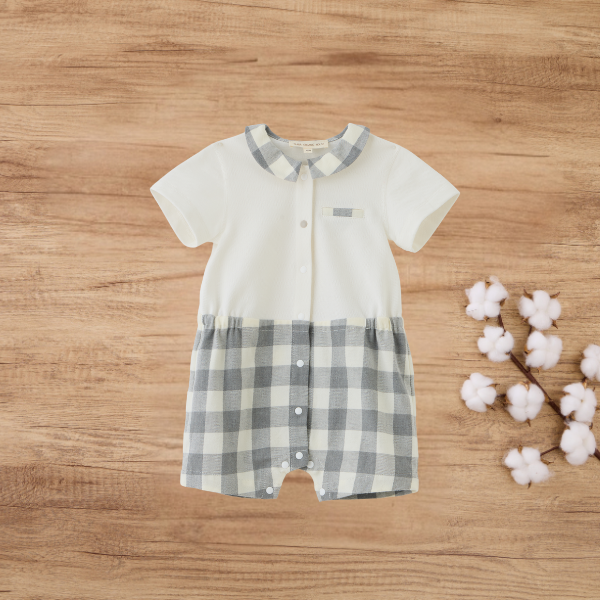 Blara Organic HouseShort Sleeve Shirt Collar Romper - Grey and White Check (0-1M)