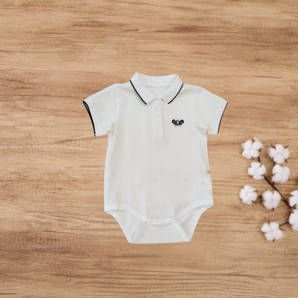 Blara Organic House Polo Shirt Bodysuit - White/Tennis Embroidery (1-3M)