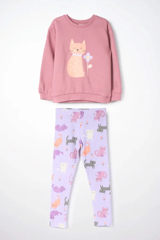 Mandarine & Co 2pc Top Tunic Fleece+ Legging Jersey Orchid Petal Cats