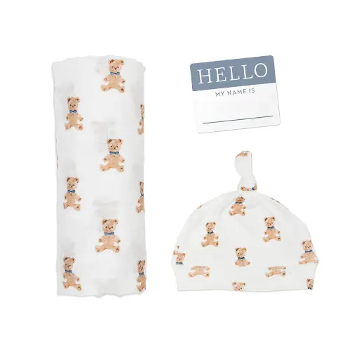 Lulujo Hello World Blanket & Knotted Hat Vintage Bear