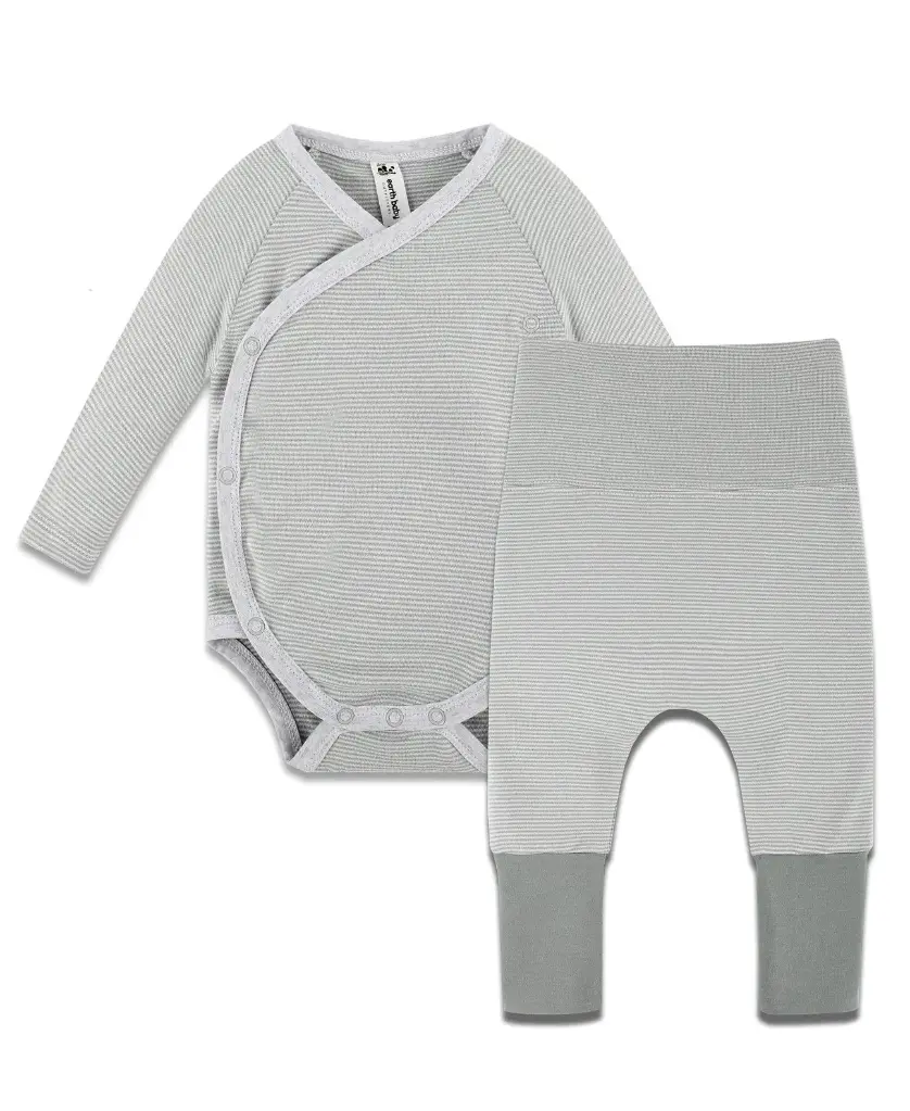 Earth Baby Outfitters Long Sleeve Kimono Bodysuit w/ Pants - Grey Stripe