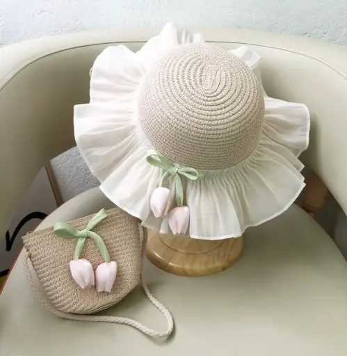 Girl Straw Hat With Purse Set Tulip 10651 - Pink