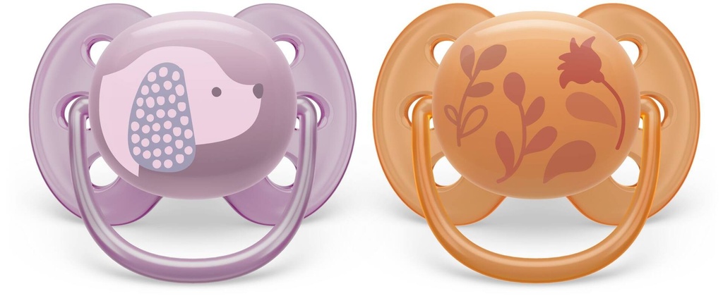2 pack Philips Avent - Ultra Air Pacifier 6-18M Violet Puppy + Orange Leaves